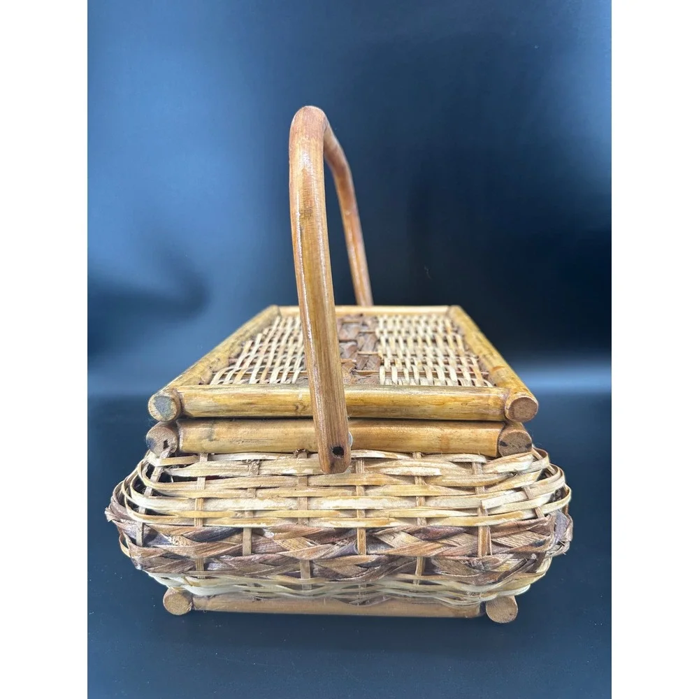 Vintage Wicker Sewing Basket Wood Handle Floral‎ Lined Storage Box Rustic Boho
